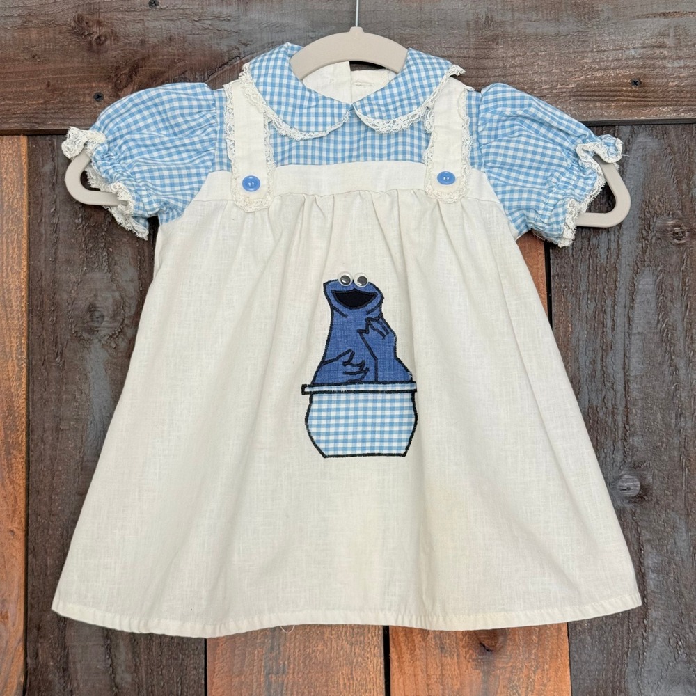 Vtg Handmade Cookie‎ Monster Pinafore Dress White Blue Gingham Kids Approx 3T